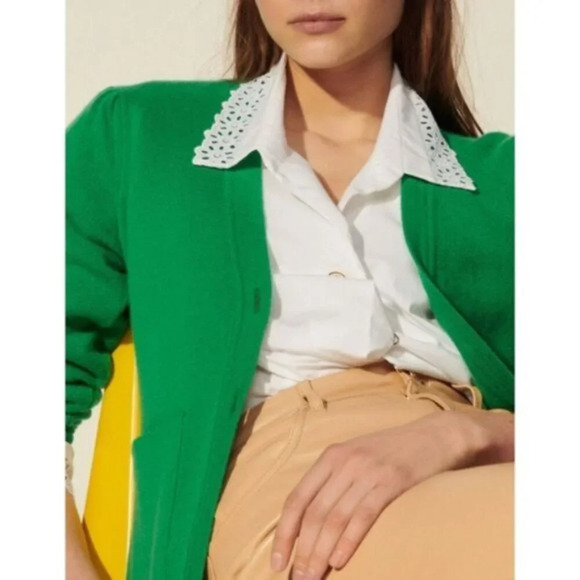 SANDRO Lucien Cardigan Sweater Wool Cashmere Button Up V Neck Kelly Green 0 - Picture 2 of 12